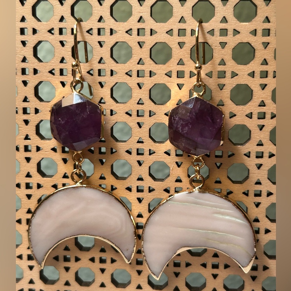 Amethyst and Abalone Crescent Earrings - Picture 3 of 6